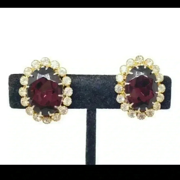 Vintage Earrings BIG PURPLE Faceted Rhinestone Clear Stones Clips Austria - Picture 1 of 7